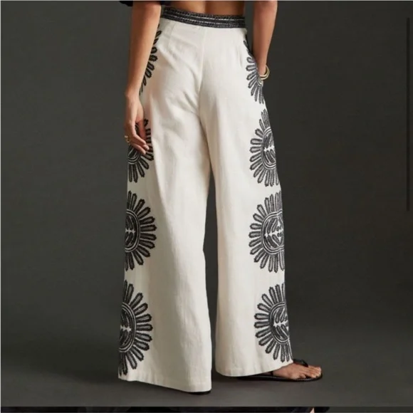 Anthropologie Embroidered Chic Cream and Black Floral Wide Leg Pants - Picture 2 of 12